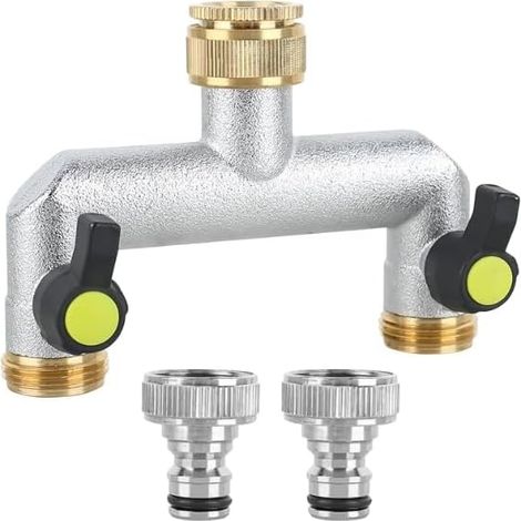 Distributeur d'Eau à 2 Voies pour Robinet - Adaptateur 3/4" 1/2" Double Raccord de Jardin avec Robinet à Boisseau Sphérique pour Régler et Fermer (1/5)