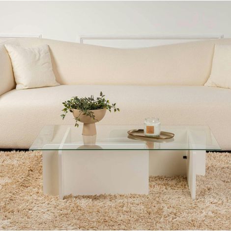 Table basse verre déstructurée – base effet bois blanc SALTA (1/5)