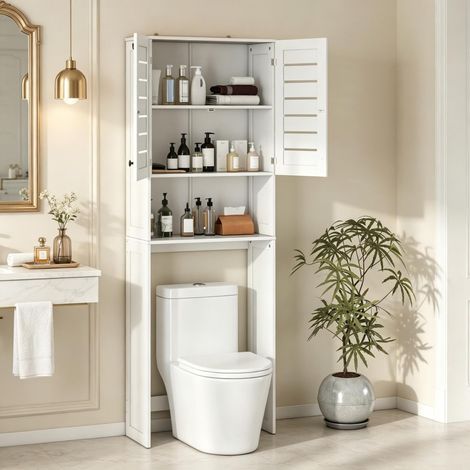 Mobile sopra il WC e la lavatrice, mobiletto contenitore per WC con doppie ante, ante a pannello opaco, mensola salvaspazio per il bagno (1/5)