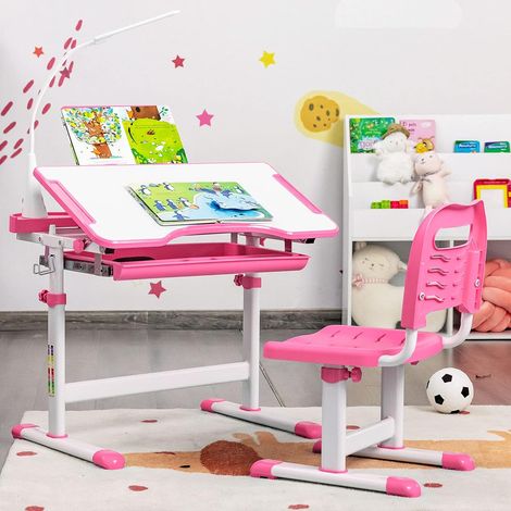 COSTWAY Kids Desk and Chair Set, Height Adjustable Student Study Table with Drawable & Tilted Desktop, Book Stand, LED Lamp and Pull-Out Drawer, for Writing, Reading and Drawing (Pink) (1/5)