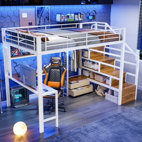 Lit superposé 140x200 cm avec 2 tiroirs, LED, grille, bureau et escalier avec rangement, sommier à lattes inclus, en fer noir (1/5)