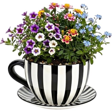 Vase ou pot de fleurs en forme de tasse rayée blanc 15 x 20 cm (1/3)