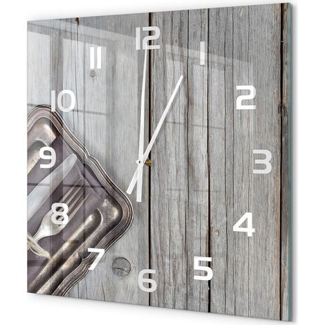 Grande Horloge Murale Carrée Décorative Design Artistique Verre Trempé Salon Couverts sur des planches 60x60 cm (1/5)