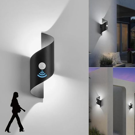 LED Applique Murale intérieur/Extérieur avec Détecteur de Mouvement,10W 6000K Blanc Froid Lampe Murale,Éclairage Mural Etanche IP65,Moderne Spirale Métal Luminaire Mural pour Jardin Entrée Patio Noir (1/5)