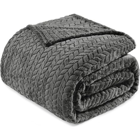 Manta de franela jacquard con estampado de hojas, 230x270 cm – gris oscuro – sofá/cama