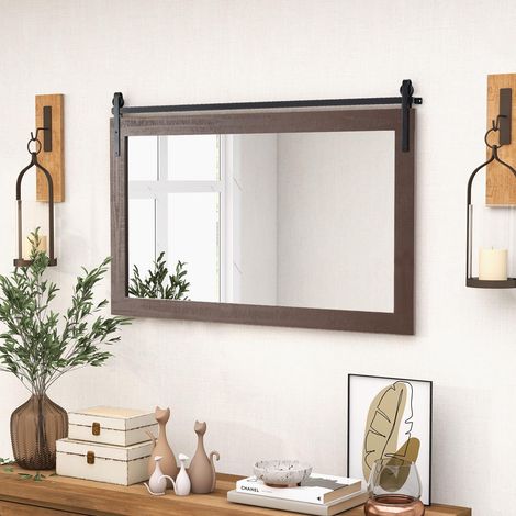 COSTWAY Specchio da Parete 100 x 66 cm, Specchio Rettangolare con Cornice in Legno Massiccio e Staffa in Metallo, Decorazione da Parete per Soggiorno Ingresso Bagno, Marrone (Noce) (1/5)