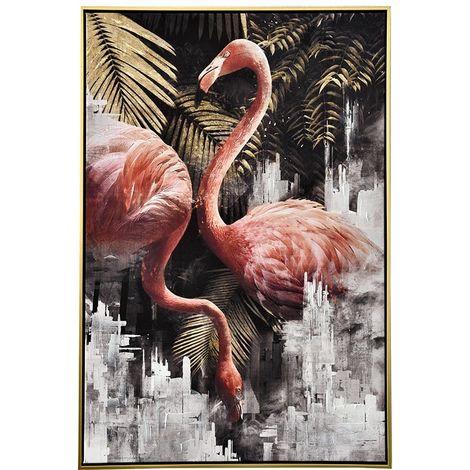 Tableau nature avec flamants roses cadre doré (1/2)