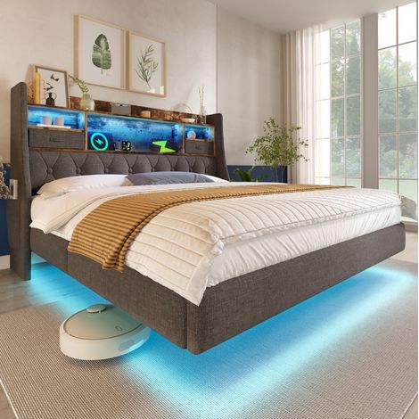 Lit 160x200 LED, tête de lit rangement, lin gris HAVRYA (1/5)