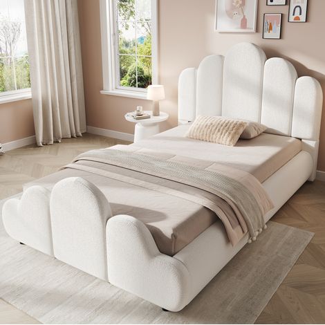 Cama infantil 90 x 200 cm con cabecero acolchado, esquinas redondeadas, bouclé beige OKMYHOME (1/5)