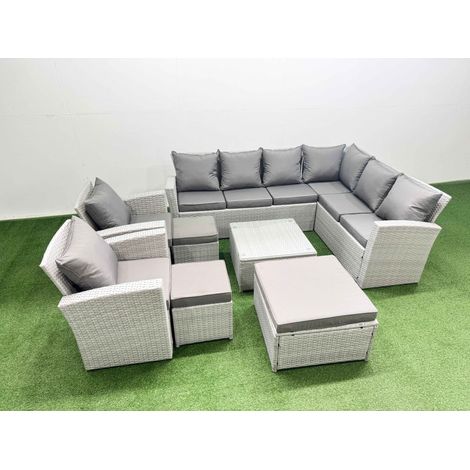 Fimous Rattan Garden Outdoor Furniture Set 11 Seater Rattan Garden Sofa Set with 2 Armchairs 3 Footstools Light Grey Mixed (1/4)