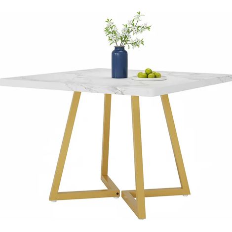 Quadratischer Esstisch – 80 × 75 cm – Küchen-/Esstisch – mit Metallgestell – weiß und gold