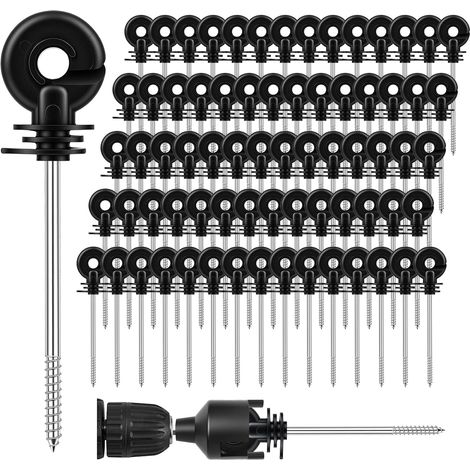 100 Pcs 150mm Electric Fence Insulators Screw On Wire Ring Insulators for Electric Fence, Ring Insulator with Socket, Screw Ring Insulators for Ropes, Wires and Strands (Black) (1/5)