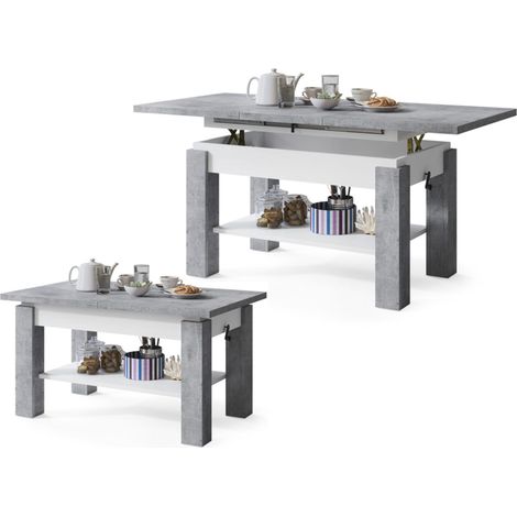 Table basse SIERRA relevable et extensible de 100 cm à 150 cm en blanc beton (1/5)