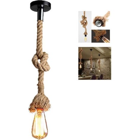 E27 Vintage Hanfseil Pendelleuchte Hängende Industrie Kronleuchter Rustikal Hängelampe für Restaurant Bauernhaus Bar Café - ohne Glühbirne (100cm)