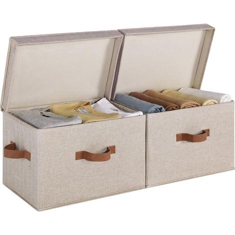 Storage boxes with lids, wide storage boxes for shelves, decorative fabric baskets with handles for storing clothes, mixed brown and beige, set of 2 (1/5)