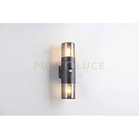 HOOSIC APPLIQUE DA ESTERNO BI-EMISSIONE ANTRACITE CON DIFFUSORI FUME' E SENSORE DI MOVIMENTO IP44 H. 33CM 2 LUCI ATTACCO E27