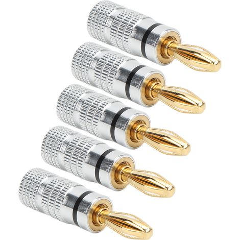 Lot de 5 fiches bananes de 4 mm de diamètre, plaquées or, en laiton, pour câbles d'enceintes et récepteurs audio/vidéo (noir). (1/5)