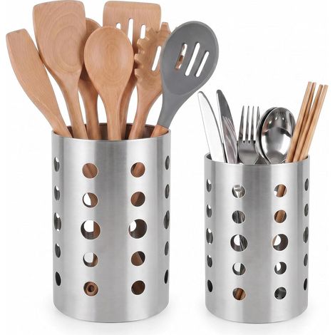 Set of 2 Stainless Steel Kitchen Utensils Holder Cutlery Basket Storage for Kitchen Countertop Organizer Pot Utensils Kitchen Decor (Silver) (1/5)