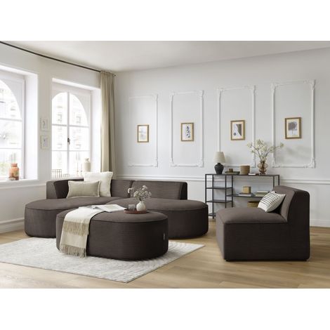 BOBOCHIC - Canapé d'angle fixe modulable ROUSSEAU velours côtelé avec 1 chauffeuse et 1 pouf Angle gauche Marron (1/5)