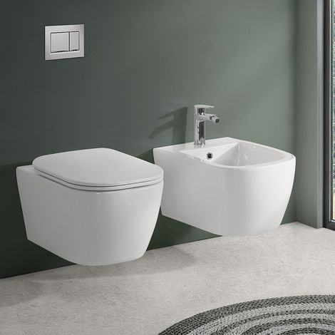 Sanitari Sospesi in ceramica bianco design quadrato con copriwc e scarico rimless Kayra