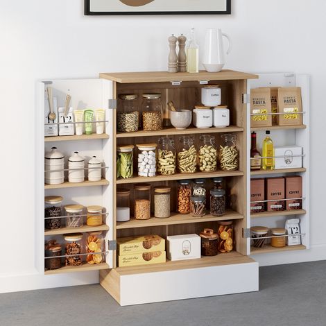 ALTO aparador de cocina bajo H.90 cm con unidades de almacenamiento en blanco y madera