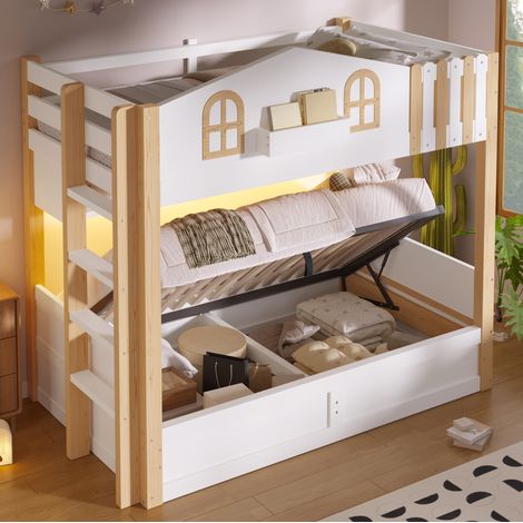 Litera 90x200 cm tipo casita con LED, arcón y escalera reversible (1/5)