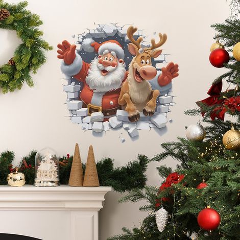 Père Noël et rennes en 3D, effet mur abîmé - Sticker mural autocollant, décoration intérieure (3939CM) (1/2)
