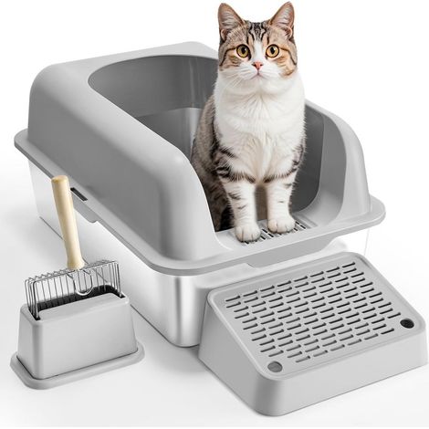 Kit Bac et Pelle : Bac à Litière Chat Acier Inoxydable pour Grand Chat, Rebords Hauts Sans Odeur 60x40x30cm (1/5)