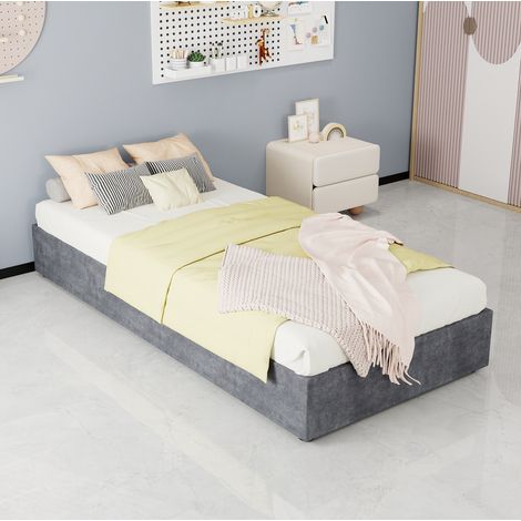 Letto imbottito moderno 90x200 cm grigio, tessuto con vano contenitore a sollevamento, testiera sagomata (1/5)