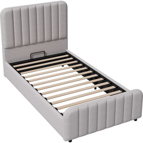 Letto per bambini 90 x 200 cm con rete, contenitore idraulico e testiera imbottita grigio lino (1/5)