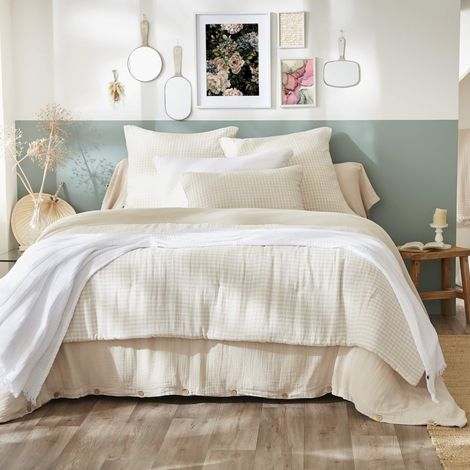 Taie d'oreiller gaze de coton imprimé vichy 60x60 Naturel