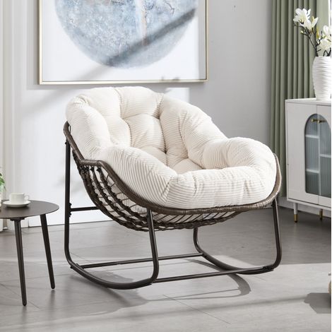 Sedia a dondolo in rattan sintetico con schienale, 78 x 106 x 90 cm, bianca, REDOM (1/5)