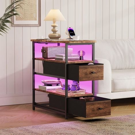 Mesita de noche 58x28x60 cm, con LED ajustable, 2 cajones de almacenamiento, enchufe UE, puertos USB y Type-C, diseño moderno para dormitorio y salón - Nogal