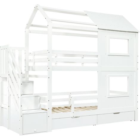 Letto a castello per bambini 90 x 200 cm bianco con scala contenitore e cassetto su ruote (1/5)