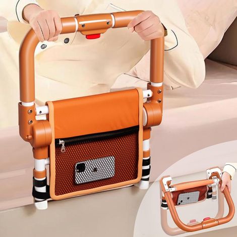Barrière de Lit Pliantes, Barrière Lit pour Personnes Âgées, Réglable sur 3 Hauteurs avec Poche de Rangement, pour Seniors, Personnes à Mobilité Réduite et Femmes Enceintes (sans Pied) (1/5)
