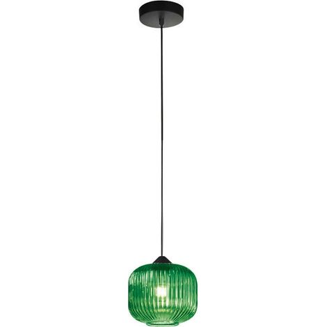 Sospensione Ovale Alta Moderna Plisse Verde 1 Luce E27 In Vetro Rigato