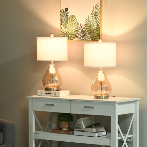 Set di 2 lampade da tavolo Ø30x56 cm in vetro ambra e acciaio, paralume in lino – MEUBLIV (1/5)