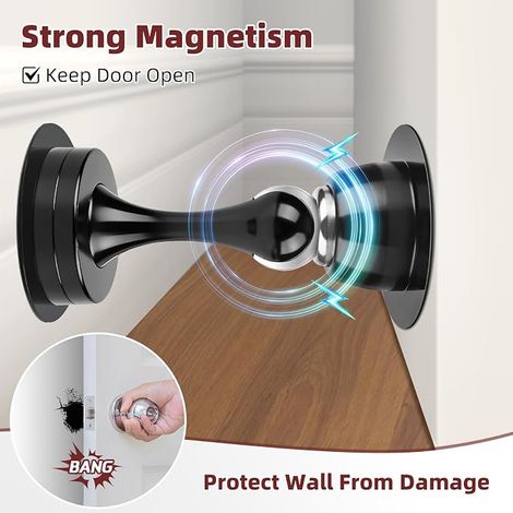 Topes magnéticos de acero inoxidable para puertas (paquete de 2), soportes resistentes para montaje en pared o suelo (negro) (1/4)