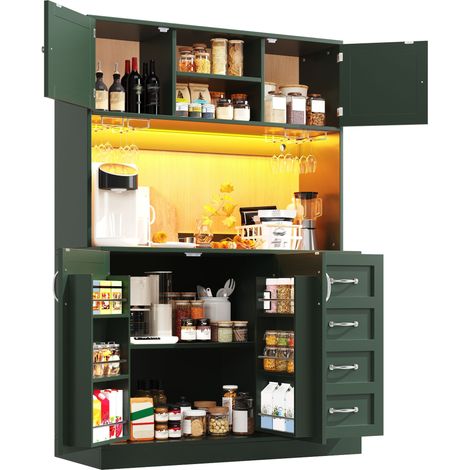 Buffet de cuisine vert avec LED, meuble de rangement 120x40x188cm, 4 portes et 2 tiroirs (1/5)