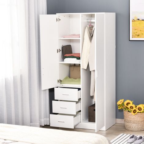 Armario moderno con 2 puertas, espejo y 3 cajones, estantes ajustables y barra para colgar ropa, 80x50x180cm, blanco. (1/5)