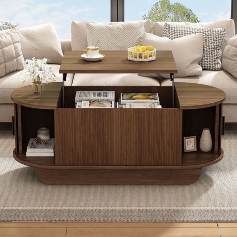 Couchtisch höhenverstellbar - 100 x 50 x 42 cm - anhebbares oberteil, großer stauraum, beidseitige rollläden, ovale sicherheitskanten - moderner stil - MDF - nussbaum (1/5)