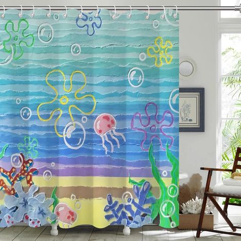 Rideau De Douche Ocean - 180 x 180 cm - Polyester Imprime - Résistant À L Eau - Avec Anneaux Métalliques - Pour Salle De Bain (1/5)