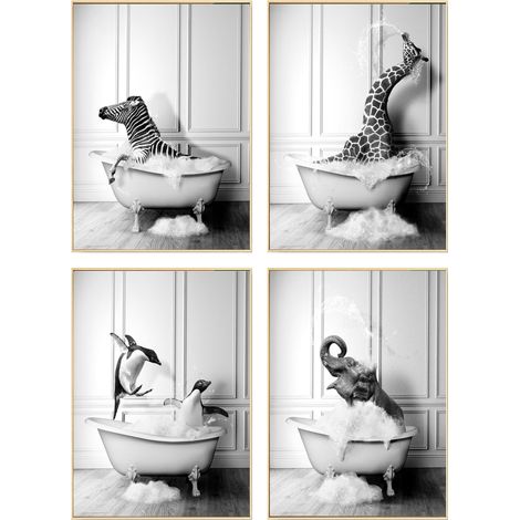 Lot de 4 images décoratives Format A4 Motif animal amusant dans la baignoire Tableaux muraux suspendus Impression d'art Poster mural (1/5)