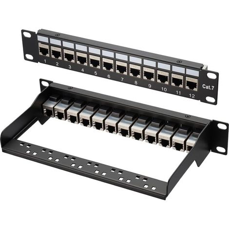 Panneau de brassage LAN Switch 12 ports Cat 7 10" Panneau de distribution blindé Montage en rack Montage serveur pour commutateur réseau Gigabit Bureau et montage mural Blindé (1/5)