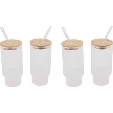Vintage-Trinkgläser (325 ml) mit Bambusdeckel und Strohhalm für Eiskaffee, Cocktails und Smoothies, mit vertikaler Maserung (1/5)