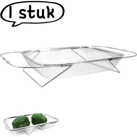 pièce - Égouttoir extensible - Bac à légumes en acier inoxydable - Égouttoir de cuisine - Grande taille - 30 x 21 x 6 cm - Argenté (1/5)