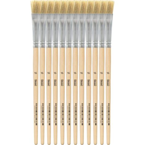 Idena 90100 - Pinceaux de soie, taille 16, avec manche en bois non verni, set de 12, Pinceaux de peinture pour ecoliers Hobbykunstler