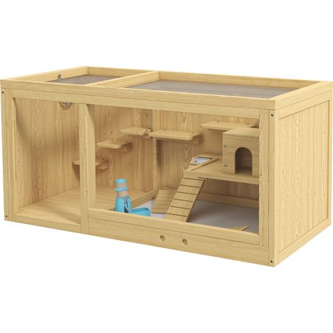 Cage pour hamster en bois habitat pour petits animaux, maison de jeu pour gerbilles, avec balançoires, échelles, toit ouvrant, niche, 100cm, Naturel