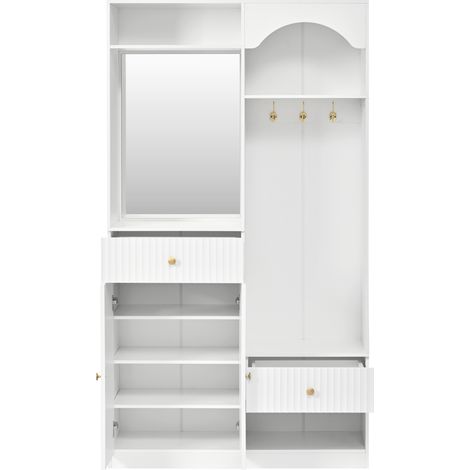 Ingresso compatto con specchio, panca e scarpiera in MDF bianco con LED (1/5)