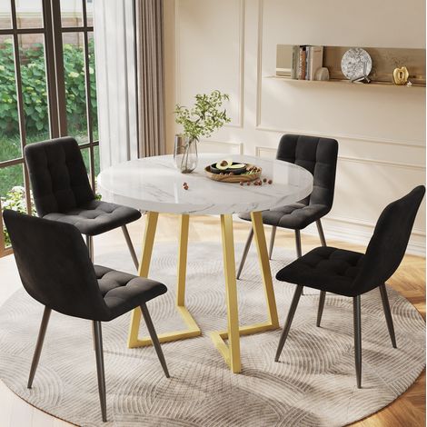 5-teiliges Esszimmer-Set, runder Tisch 80 cm aus weißem MDF, Stühle aus schwarzem Samt HAVRYA (1/5)